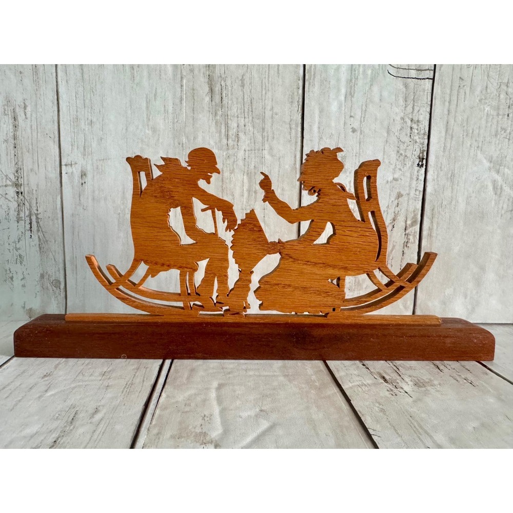 Vintage Wood Carving Silhouette Old Couple Rocking Chairs Shelf Decor
